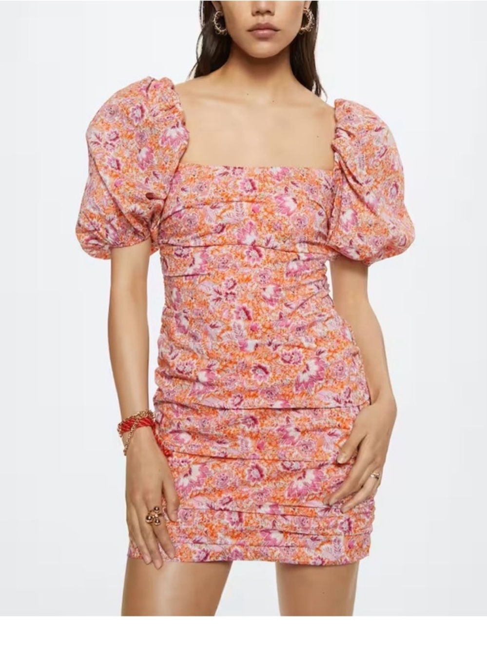 Mango Pink and Orange Floral Puff-Sleeve Mini Dress